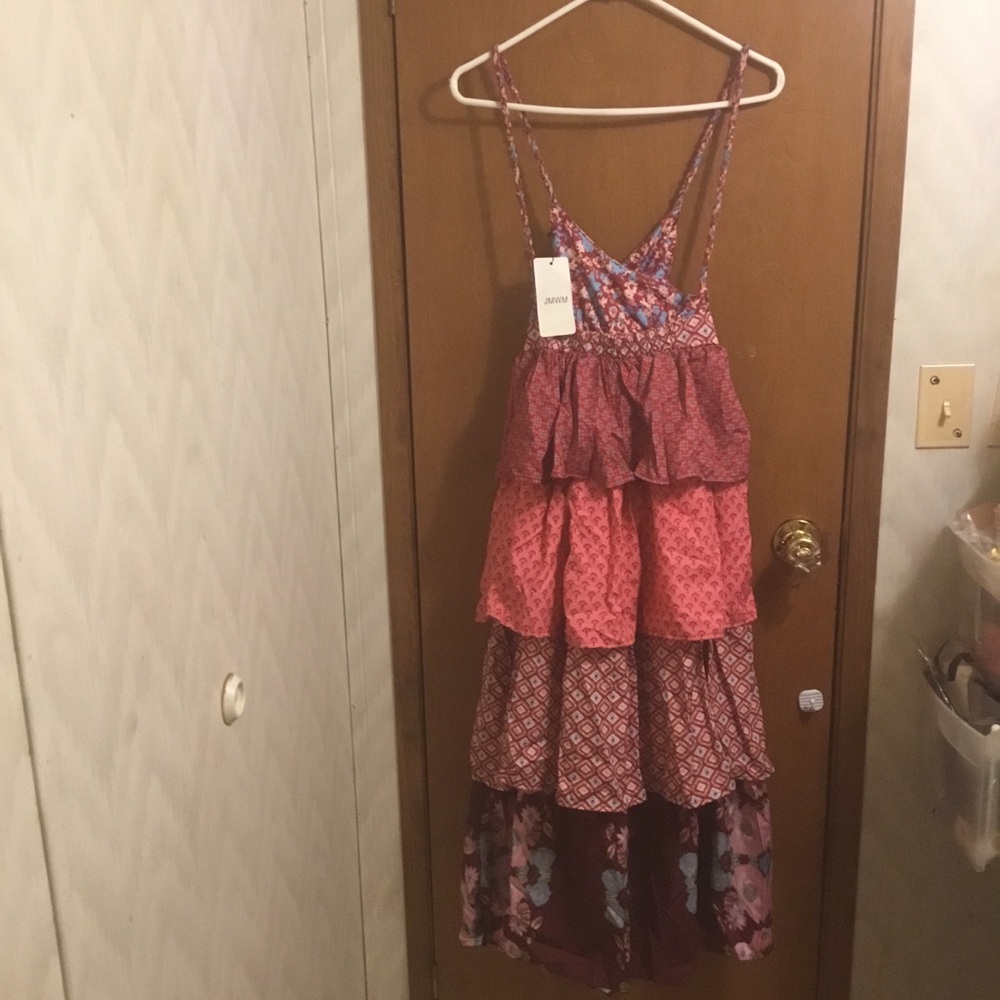Floral Burgundy Crossback Strap Plunge Tier Ruffle Layer Vintage Maxi Dress L - Picture 13 of 16